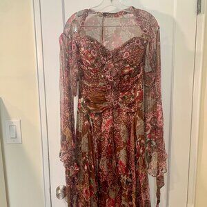 Pink & Brown Printed Strapless Dress with Beading & Matching Bolero   - Size 10